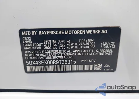 2024 BMW X6 M60I from USA, damaged, VIN 5UX43EX00R9T36315